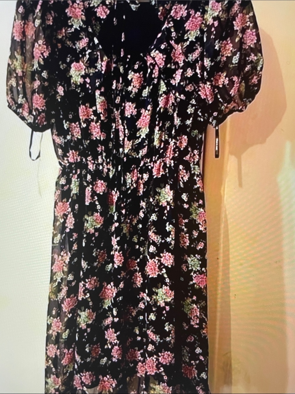 Stella & Julie Midi Dress with Pink Floral Print and Puff Sleeves. 35” length